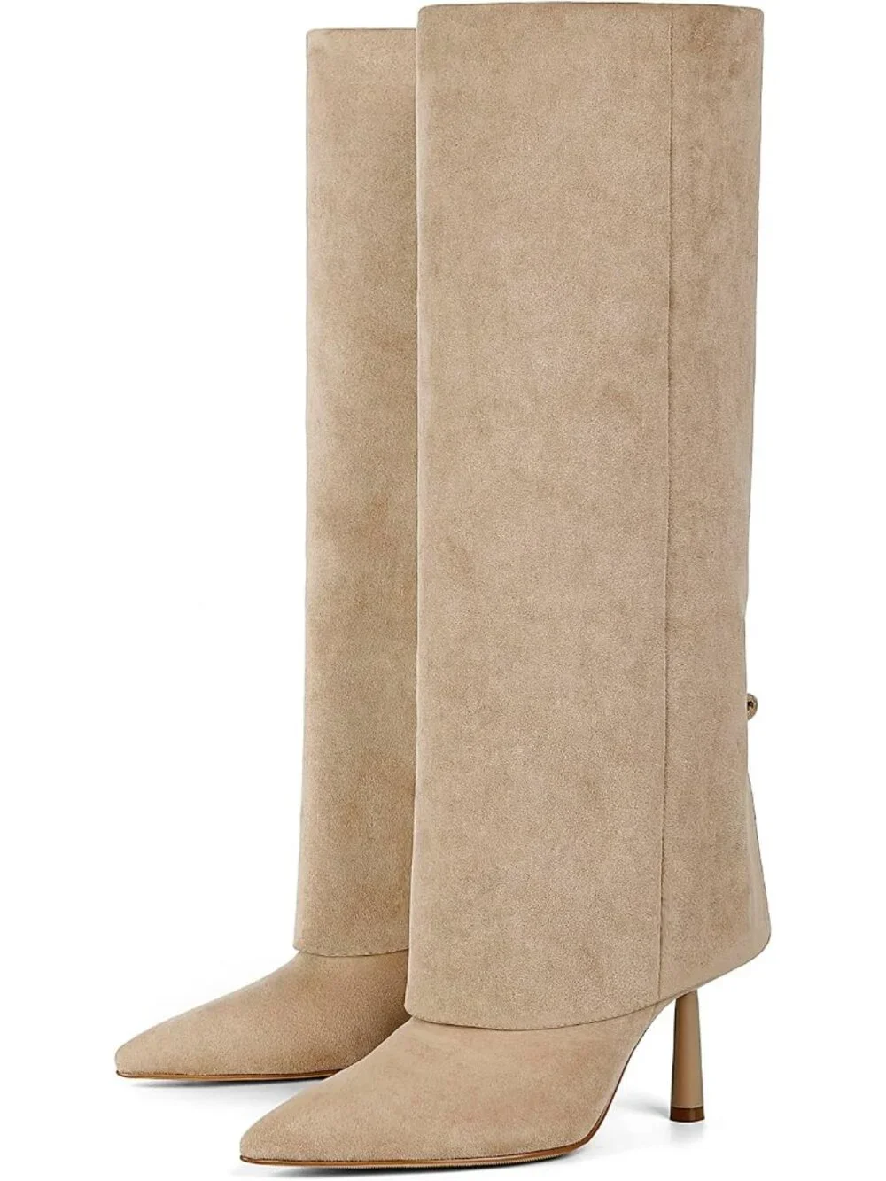 Women's Suede Khaki Stiletto Heel Pointed Toe Side Zipper Knee High Shark Boots